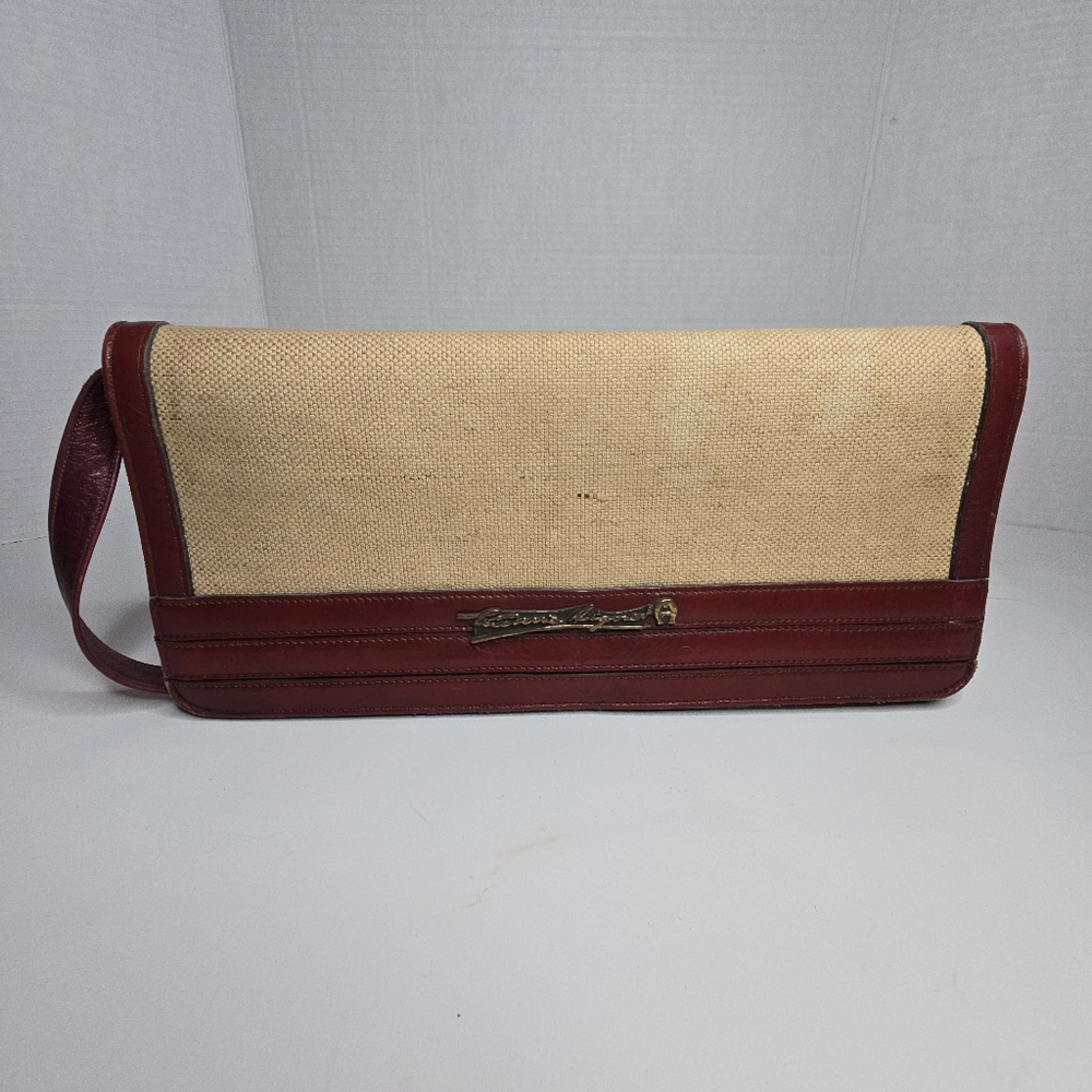Vintage Etienne Aigner 1970s Belgian Linen Clutch with Oxblood Burgundy Leather